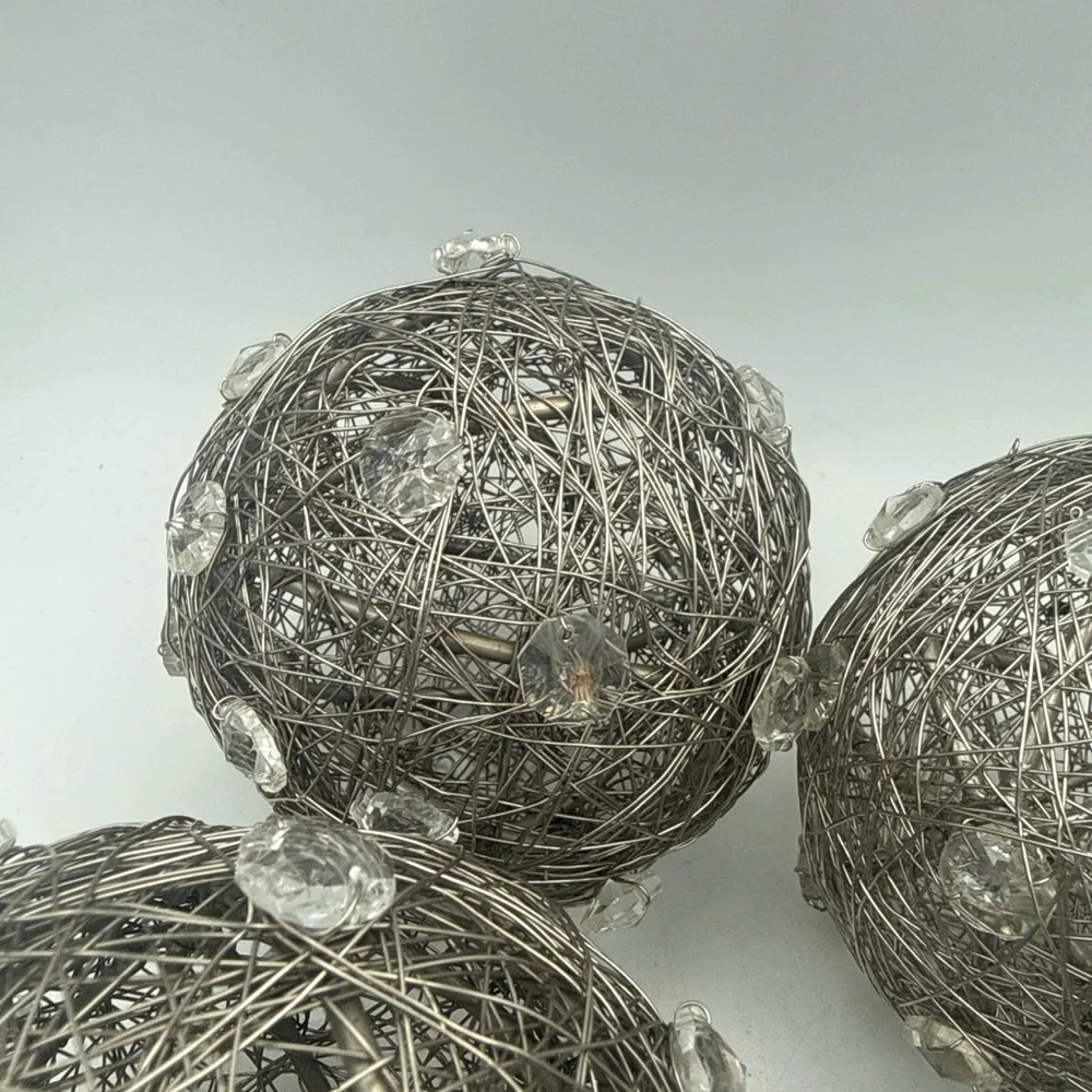 4 Pier 1 One Wrapped Silver Color Metal Wire Orbs Spheres w/ Acrylic Gems 6”